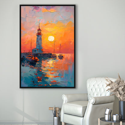 Lighthouse In The Sunset Painting, Floating Framed Canvas Art Print,, Framed Canvas Prints Wall Art