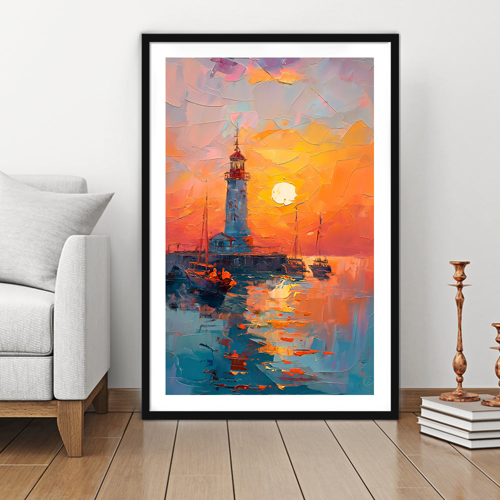 Lighthouse In The Sunset Painting, Framed Picture Print, Framed Art Prints White Border Wall Decor