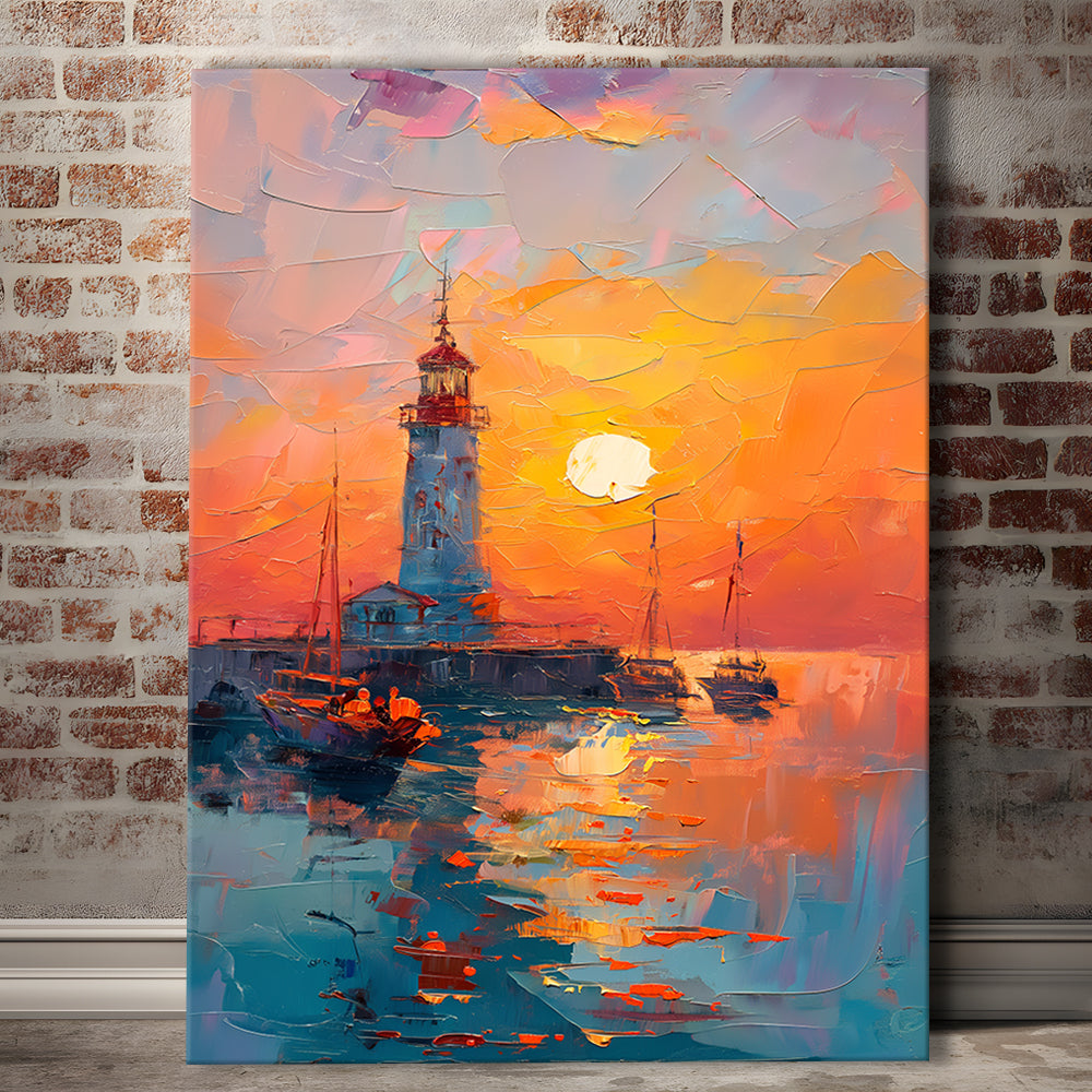 Lighthouse In The Sunset Painting, Canvas Art Print Decor, Painting Art, Canvas Prints Wall Art