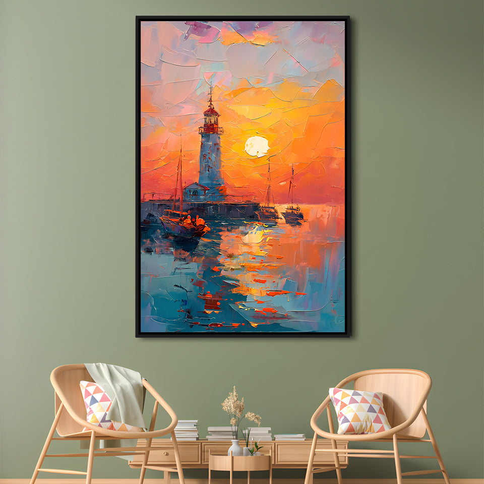 Lighthouse In The Sunset Painting, Floating Framed Canvas Art Print,, Framed Canvas Prints Wall Art