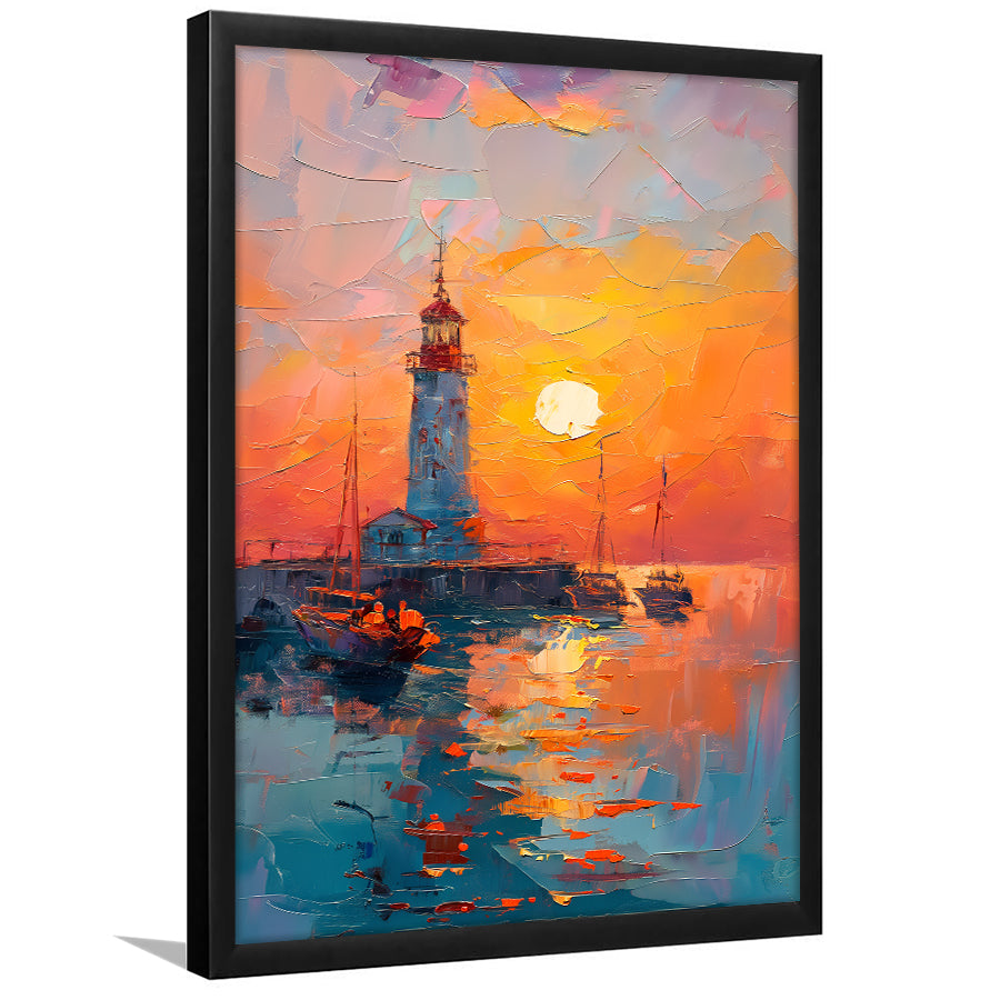 Lighthouse In The Sunset Painting, Framed Picture Print,, Framed Art Prints Wall Decor