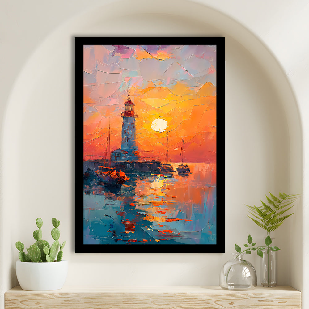 Lighthouse In The Sunset Painting, Framed Picture Print,, Framed Art Prints Wall Decor