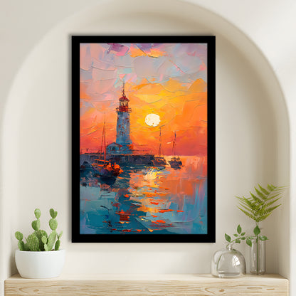 Lighthouse In The Sunset Painting, Framed Picture Print,, Framed Art Prints Wall Decor