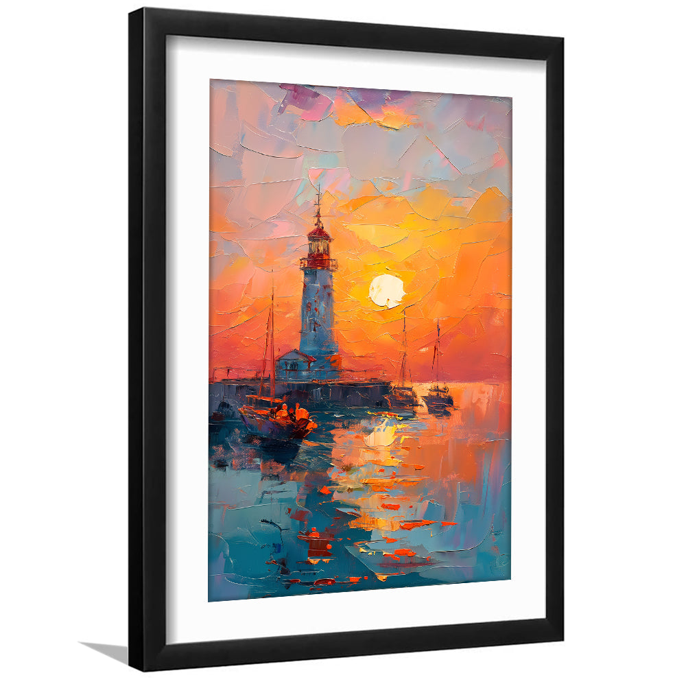 Lighthouse In The Sunset Painting, Framed Picture Print, Framed Art Prints White Border Wall Decor