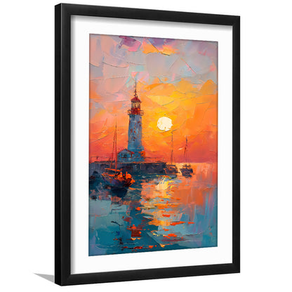Lighthouse In The Sunset Painting, Framed Picture Print, Framed Art Prints White Border Wall Decor