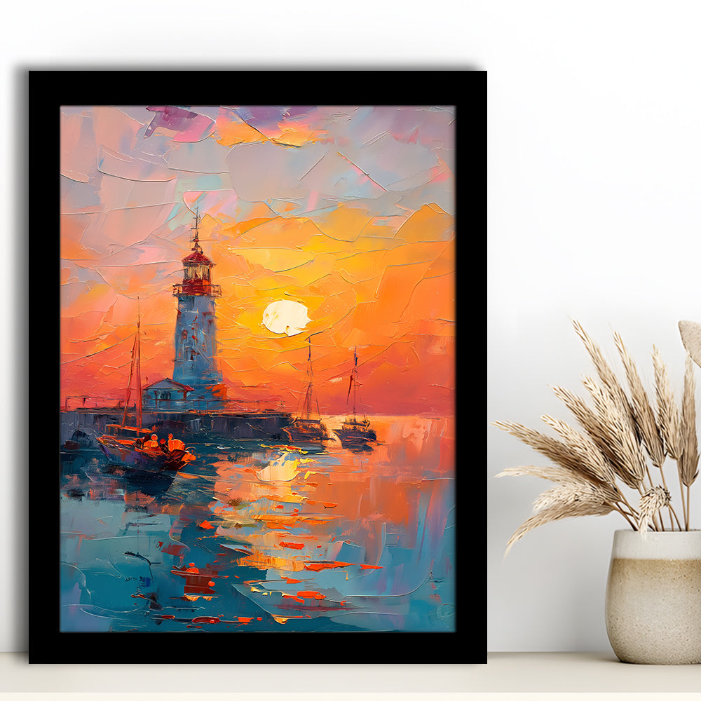 Lighthouse In The Sunset Painting, Framed Picture Print,, Framed Art Prints Wall Decor