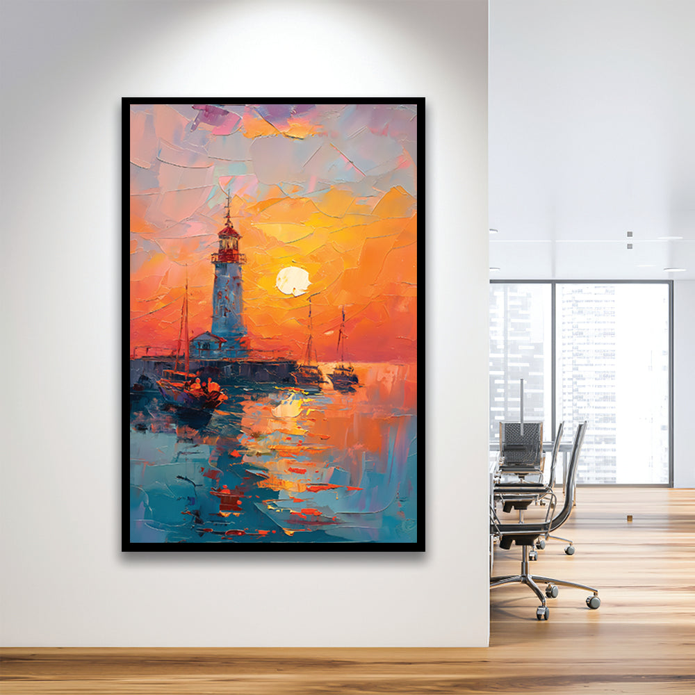 Lighthouse In The Sunset Painting, Framed Picture Print,, Framed Art Prints Wall Decor
