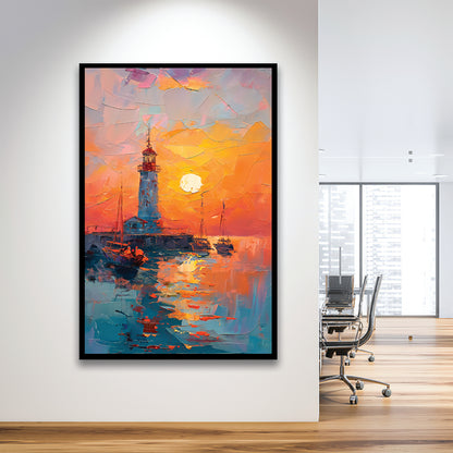 Lighthouse In The Sunset Painting, Framed Picture Print,, Framed Art Prints Wall Decor