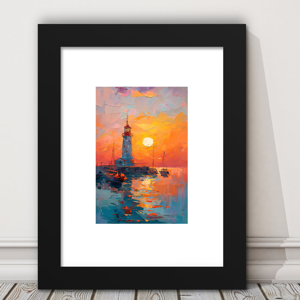 Lighthouse In The Sunset Painting, Framed Picture Print, Framed Art Prints White Border Wall Decor