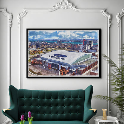 Lions Football Team Painting Stadium Watercolor, Sport Gift Art, Framed Art Print Wall Decor