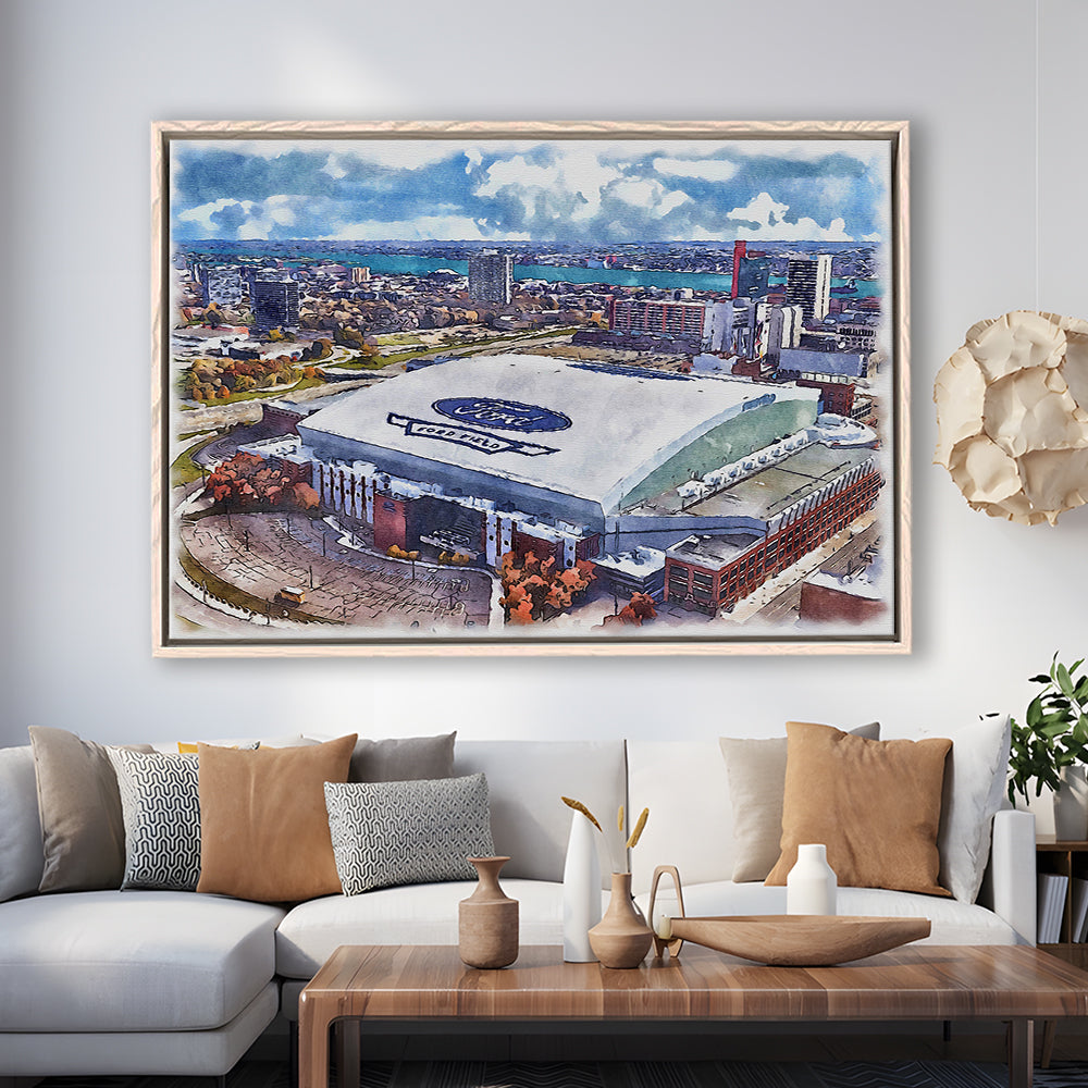 Lions Football Team Painting Stadium Watercolor, Sport Gift Art, Framed Canvas Print Wall Art