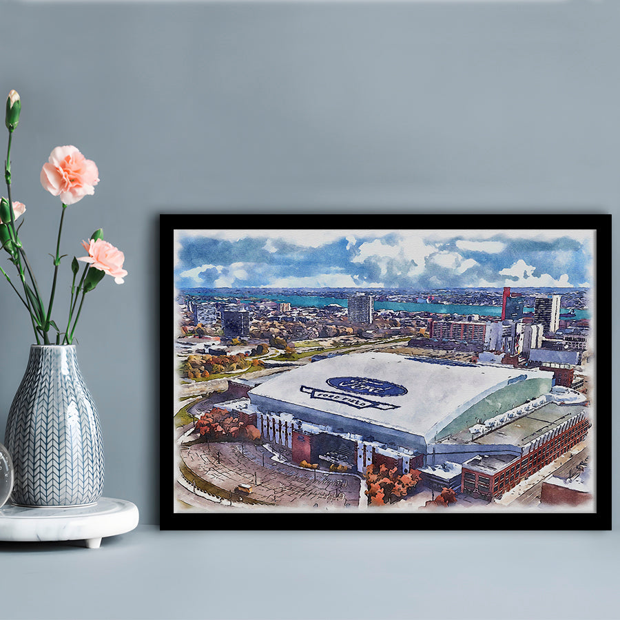 Lions Football Team Painting Stadium Watercolor, Sport Gift Art, Framed Art Print Wall Decor