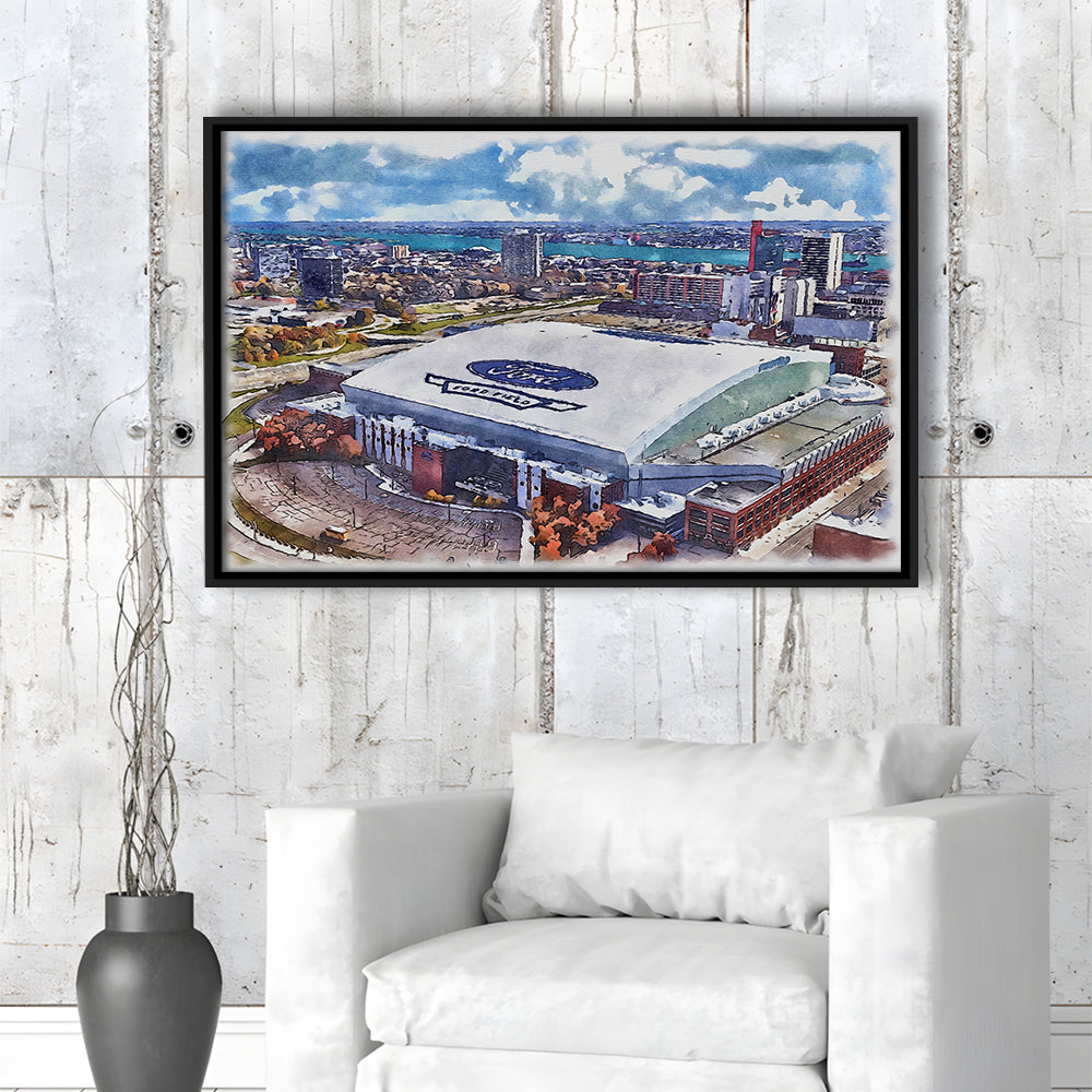 Lions Football Team Painting Stadium Watercolor, Sport Gift Art, Framed Canvas Print Wall Art