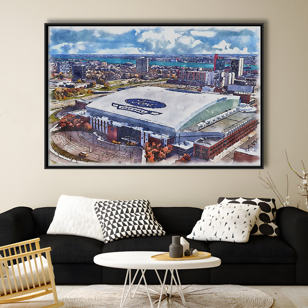 Lions Football Team Painting Stadium Watercolor, Sport Gift Art, Framed Canvas Print Wall Art