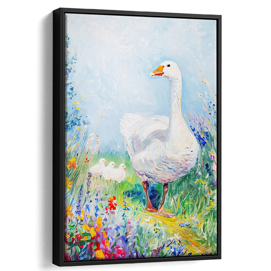 Little Geese Art Print Vintage Print Farmhouse Decor Colorful, Framed Canvas Print Wall Art, Floating Frame