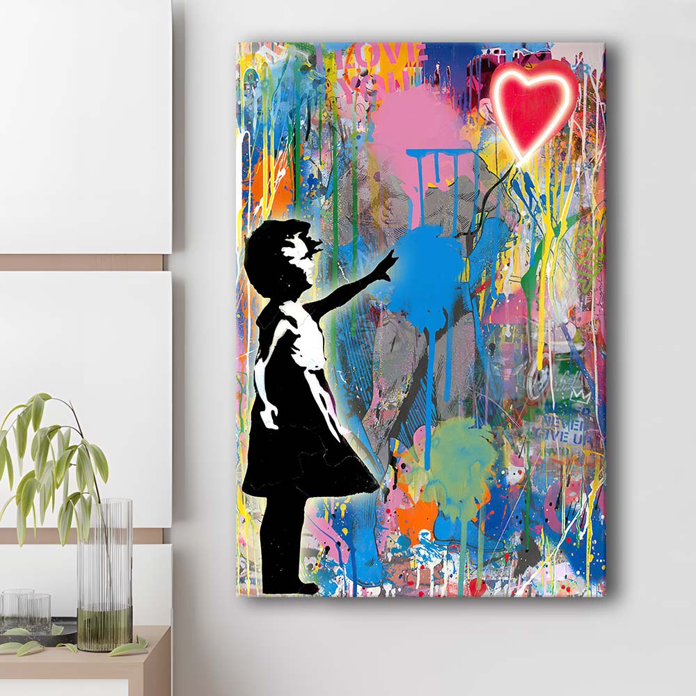 Little Girl With Heart Balloon, Colorful Graffiti Painting Art, Canvas Print, Luxury Wall Art Decor, Modern Art