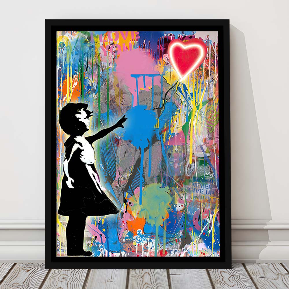 Little Girl With Heart Balloon, Colorful Graffiti Painting Art, Framed Canvas Print, Floating Frame, Luxury Wall Art Decor