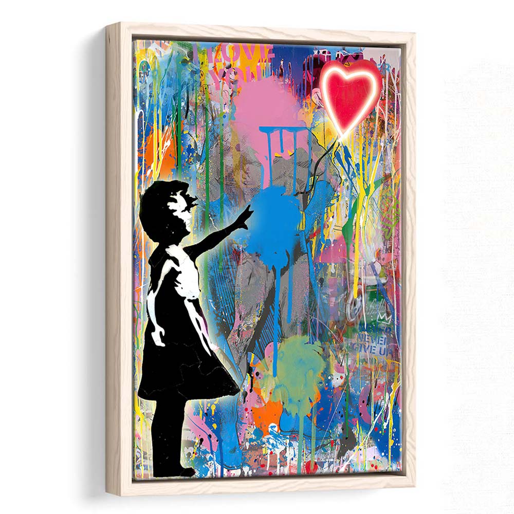 Little Girl With Heart Balloon, Colorful Graffiti Painting Art, Framed Canvas Print, Floating Frame, Luxury Wall Art Decor