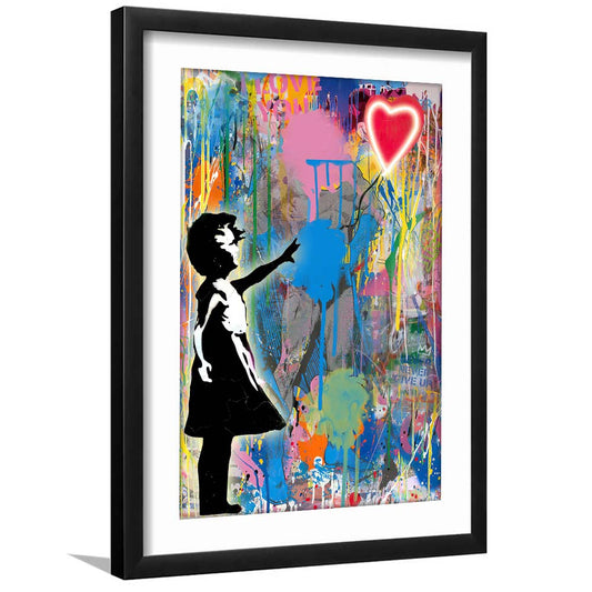 Little Girl With Heart Balloon, Colorful Graffiti Painting Art, Framed Art Print, Luxury Pictures Framed, White Border