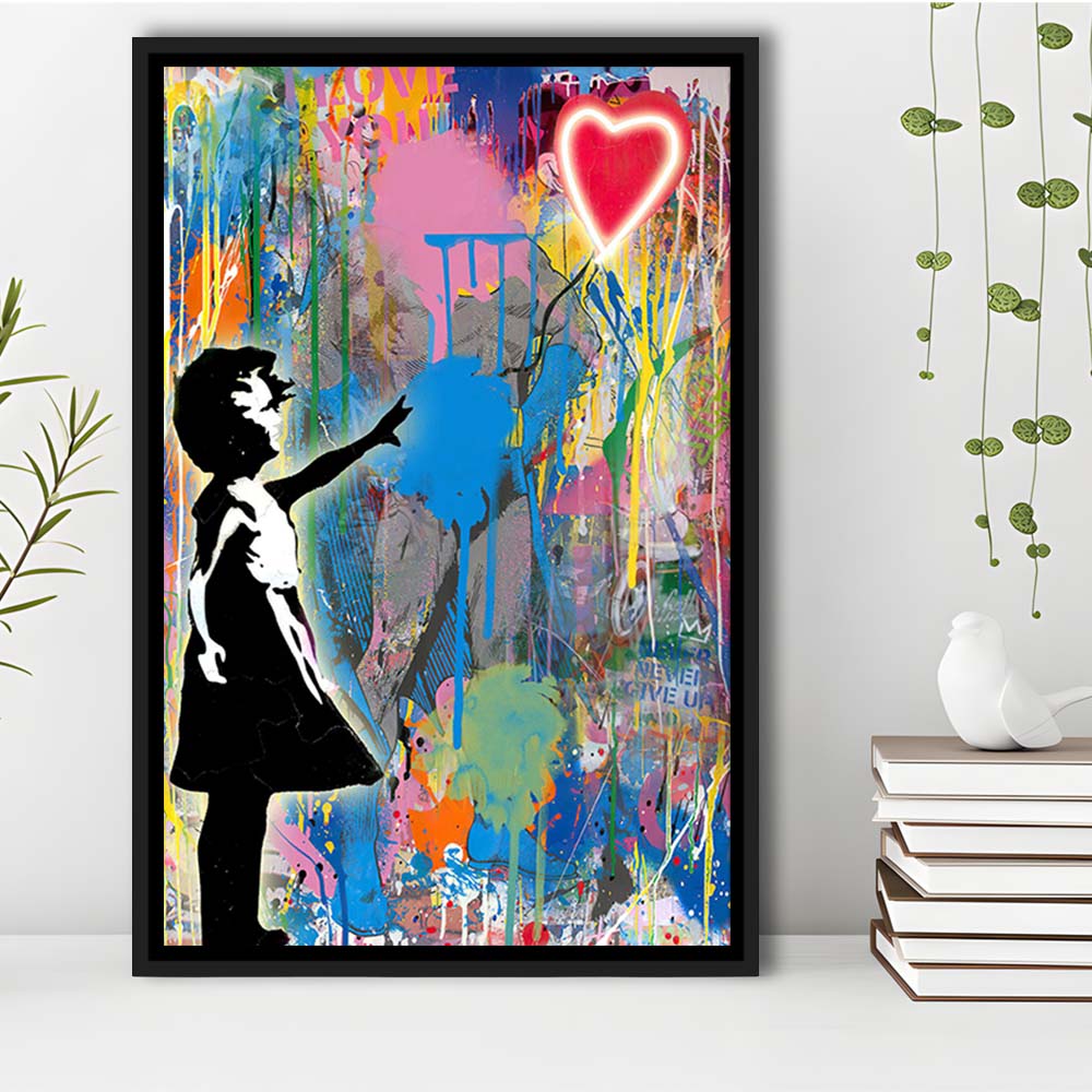 Little Girl With Heart Balloon, Colorful Graffiti Painting Art, Framed Canvas Print, Floating Frame, Luxury Wall Art Decor