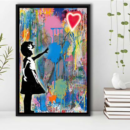 Little Girl With Heart Balloon, Colorful Graffiti Painting Art, Framed Canvas Print, Floating Frame, Luxury Wall Art Decor