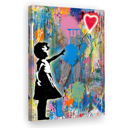 Little Girl With Heart Balloon, Colorful Graffiti Painting Art, Canvas Print, Luxury Wall Art Decor, Modern Art