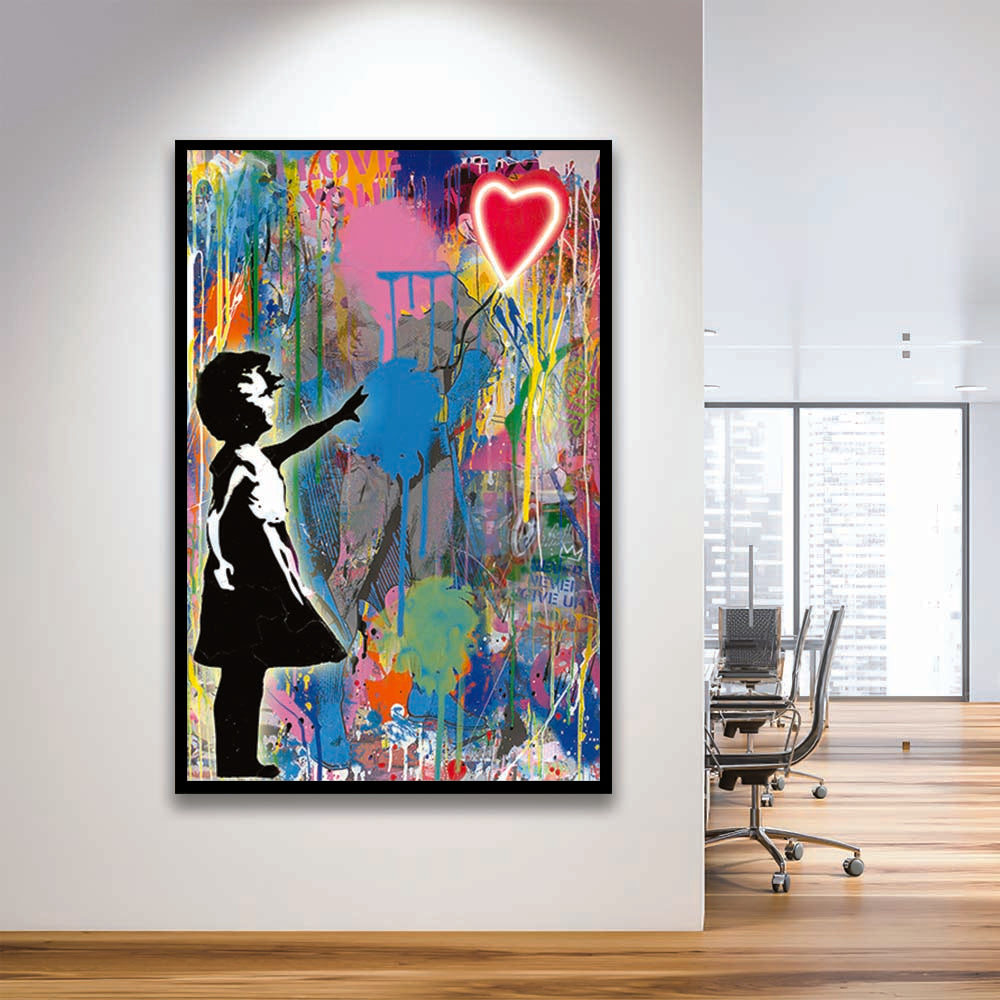 Little Girl With Heart Balloon, Colorful Graffiti Painting Art, Framed Art Print, Picture Framed Wall Art Decor