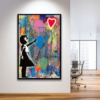 Little Girl With Heart Balloon, Colorful Graffiti Painting Art, Framed Art Print, Picture Framed Wall Art Decor