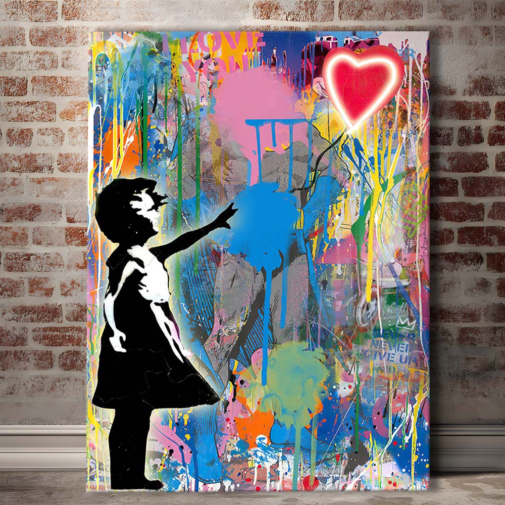 Little Girl With Heart Balloon, Colorful Graffiti Painting Art, Canvas Print, Luxury Wall Art Decor, Modern Art