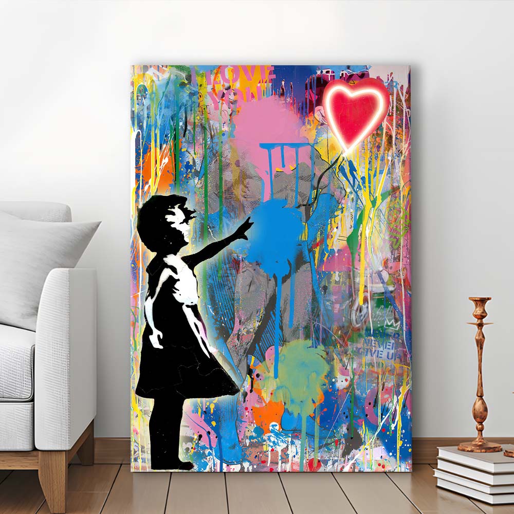 Little Girl With Heart Balloon, Colorful Graffiti Painting Art, Canvas Print, Luxury Wall Art Decor, Modern Art