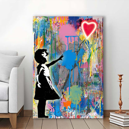 Little Girl With Heart Balloon, Colorful Graffiti Painting Art, Canvas Print, Luxury Wall Art Decor, Modern Art