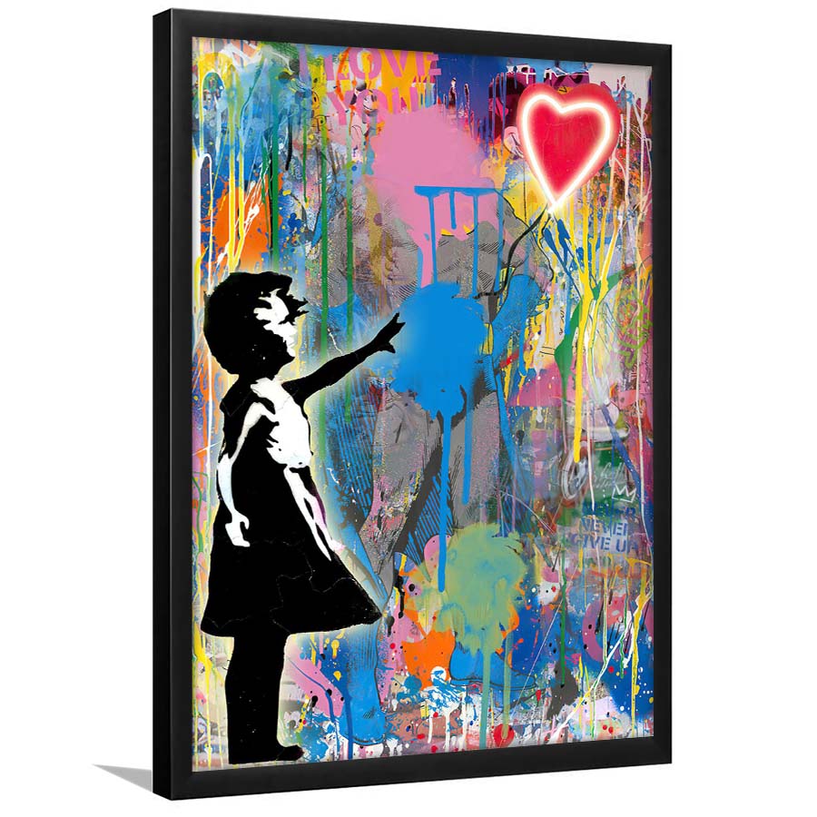 Little Girl With Heart Balloon, Colorful Graffiti Painting Art, Framed Art Print, Picture Framed Wall Art Decor