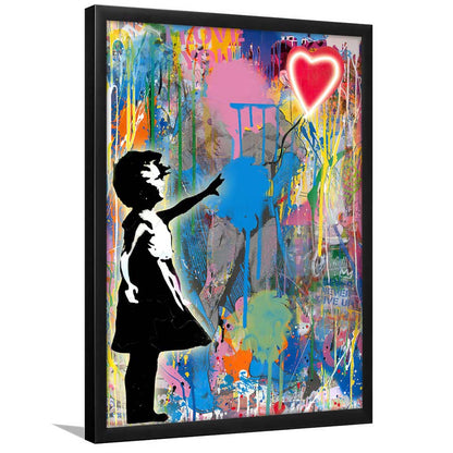 Little Girl With Heart Balloon, Colorful Graffiti Painting Art, Framed Art Print, Picture Framed Wall Art Decor