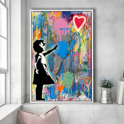 Little Girl With Heart Balloon, Colorful Graffiti Painting Art, Framed Canvas Print, Floating Frame, Luxury Wall Art Decor