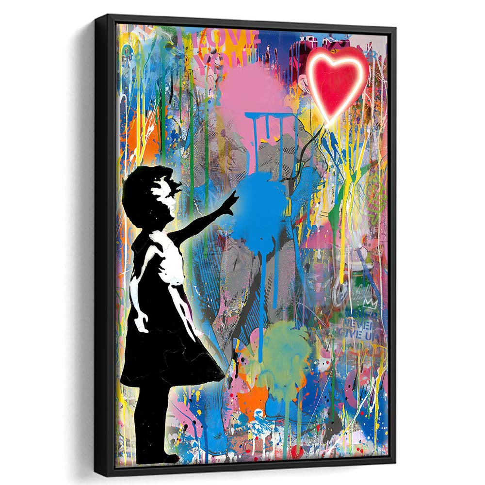 Little Girl With Heart Balloon, Colorful Graffiti Painting Art, Framed Canvas Print, Floating Frame, Luxury Wall Art Decor
