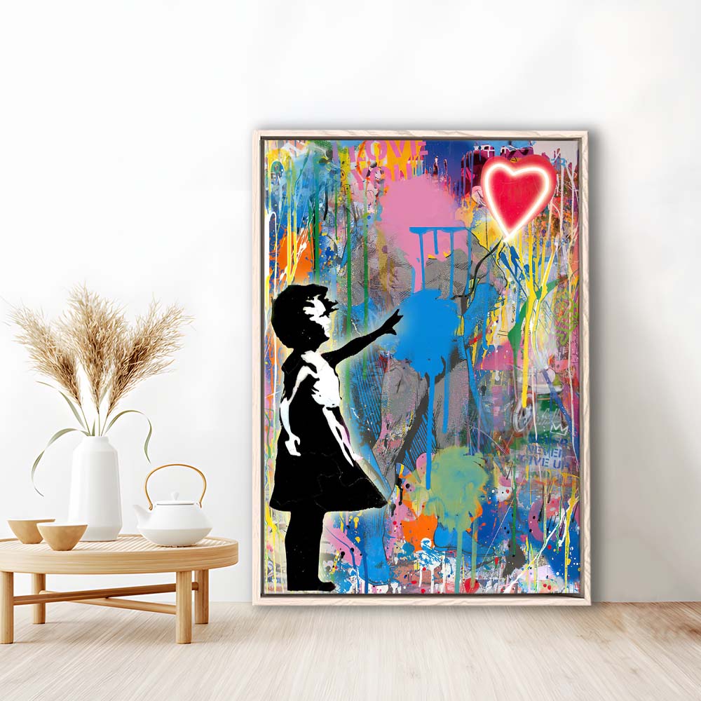 Little Girl With Heart Balloon, Colorful Graffiti Painting Art, Framed Canvas Print, Floating Frame, Luxury Wall Art Decor