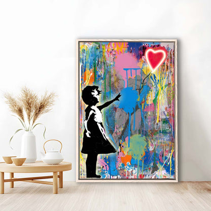 Little Girl With Heart Balloon, Colorful Graffiti Painting Art, Framed Canvas Print, Floating Frame, Luxury Wall Art Decor