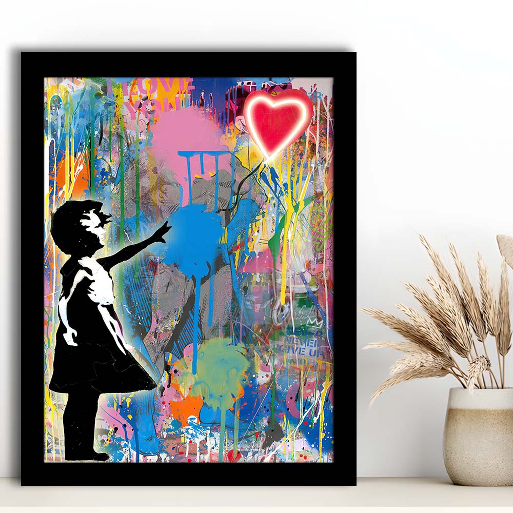 Little Girl With Heart Balloon, Colorful Graffiti Painting Art, Framed Art Print, Picture Framed Wall Art Decor