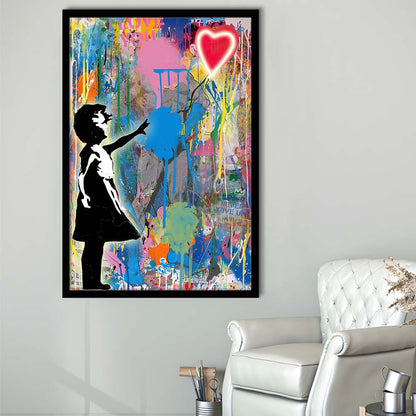 Little Girl With Heart Balloon, Colorful Graffiti Painting Art, Framed Art Print, Picture Framed Wall Art Decor