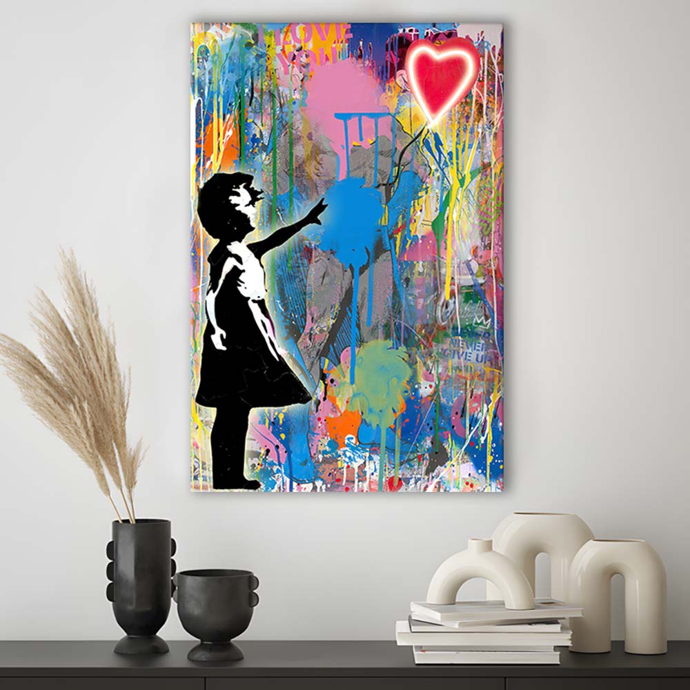 Little Girl With Heart Balloon, Colorful Graffiti Painting Art, Canvas Print, Luxury Wall Art Decor, Modern Art