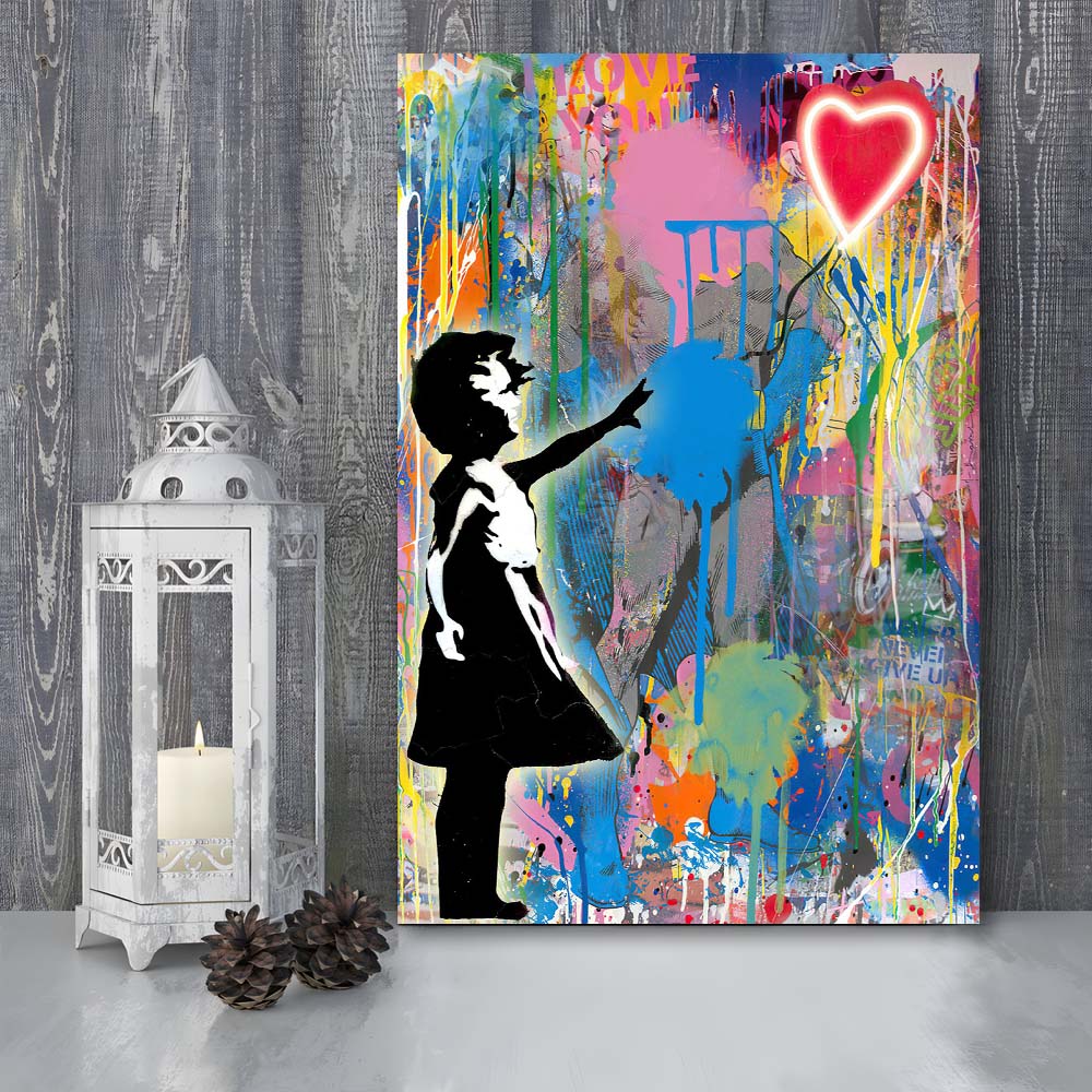 Little Girl With Heart Balloon, Colorful Graffiti Painting Art, Canvas Print, Luxury Wall Art Decor, Modern Art