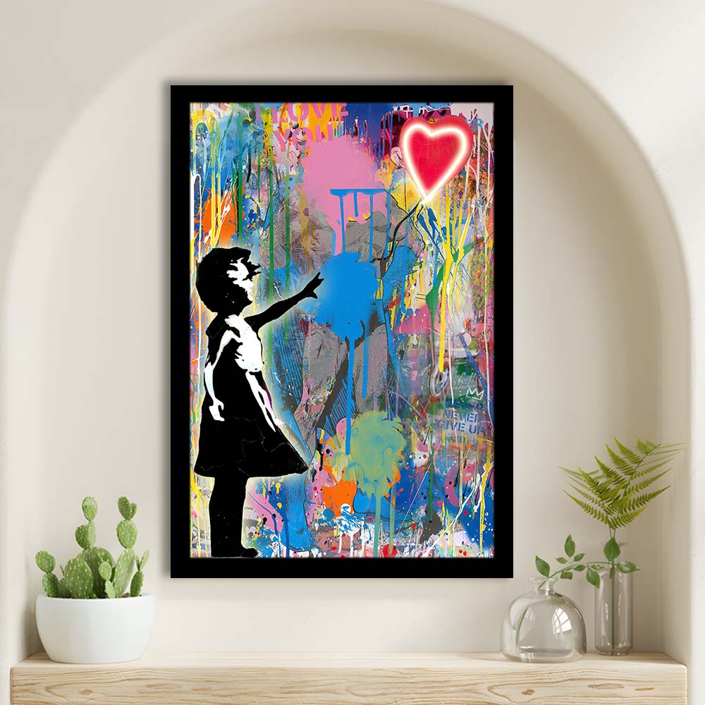 Little Girl With Heart Balloon, Colorful Graffiti Painting Art, Framed Art Print, Picture Framed Wall Art Decor