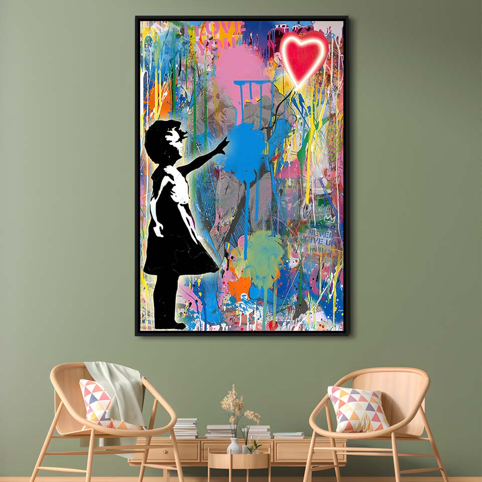 Little Girl With Heart Balloon, Colorful Graffiti Painting Art, Framed Canvas Print, Floating Frame, Luxury Wall Art Decor