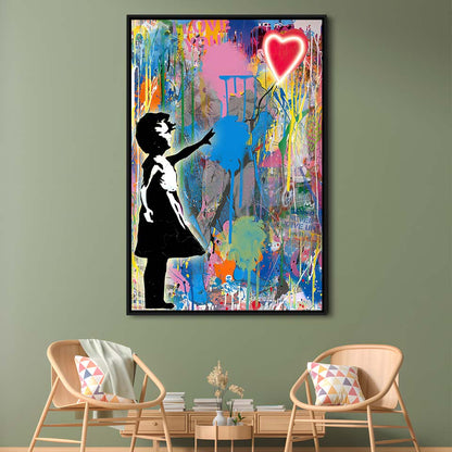 Little Girl With Heart Balloon, Colorful Graffiti Painting Art, Framed Canvas Print, Floating Frame, Luxury Wall Art Decor