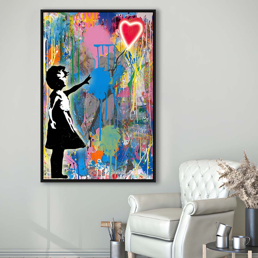 Little Girl With Heart Balloon, Colorful Graffiti Painting Art, Framed Canvas Print, Floating Frame, Luxury Wall Art Decor