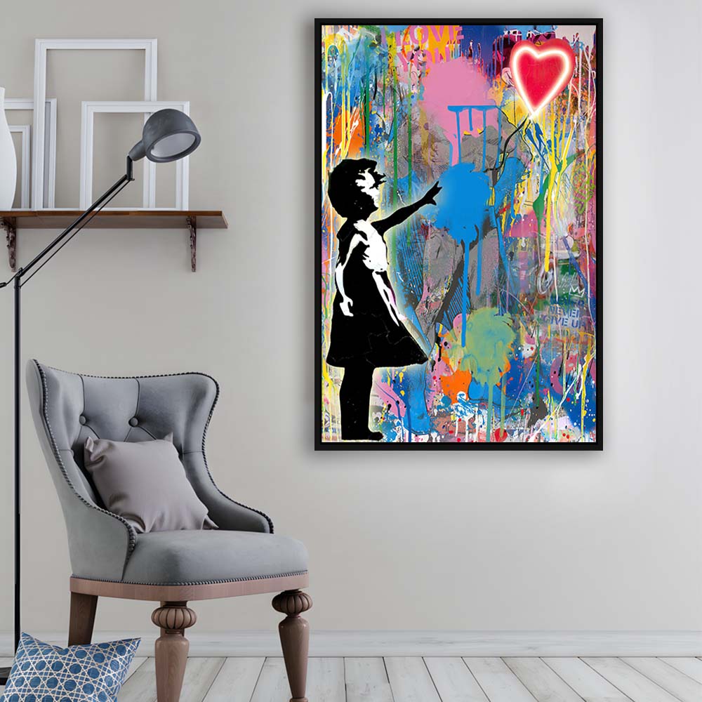 Little Girl With Heart Balloon, Colorful Graffiti Painting Art, Framed Canvas Print, Floating Frame, Luxury Wall Art Decor