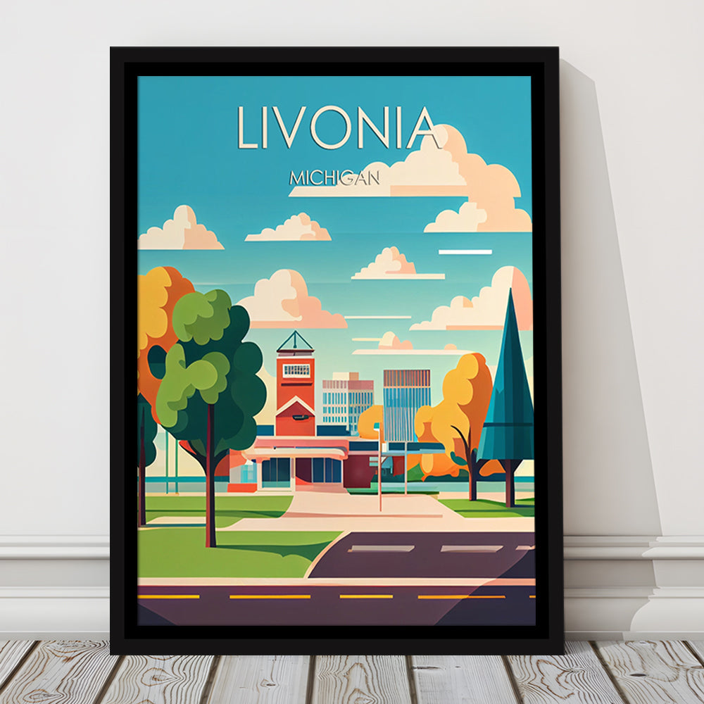 Livonia Michigan Retro Art Print, Livonia City Wall Art, Floating Framed Canvas Print, Framed Picture, Painting Canvas