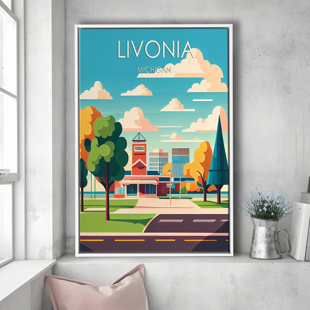 Livonia Michigan Retro Art Print, Livonia City Wall Art, Floating Framed Canvas Print, Framed Picture, Painting Canvas