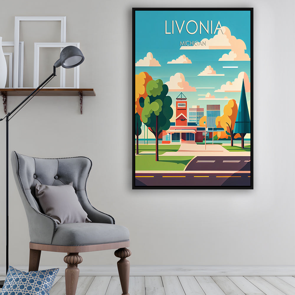 Livonia Michigan Retro Art Print, Livonia City Wall Art, Floating Framed Canvas Print, Framed Picture, Painting Canvas