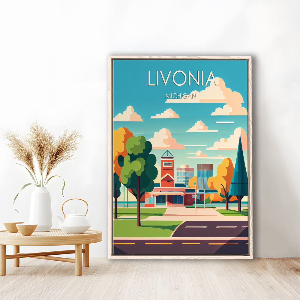 Livonia Michigan Retro Art Print, Livonia City Wall Art, Floating Framed Canvas Print, Framed Picture, Painting Canvas